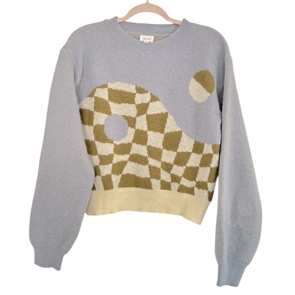LE LIS women’s Sweater. Blue with a cream and‎ green geometric design size xs